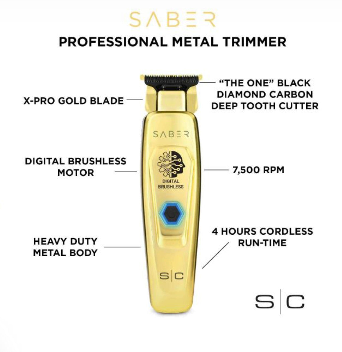 StyleCraft PRO Saber Metal Cordless Trimmer w/ Brushless Motor Gold SC405G