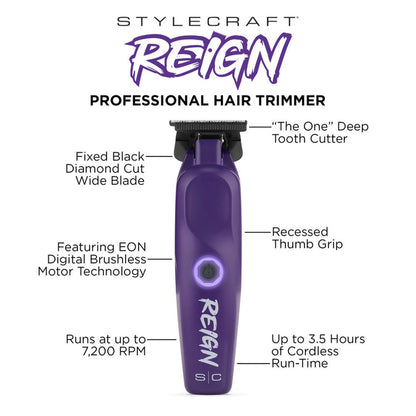 StyleCraft SC422P Reign Digital Brushless Motor Cordless Trimmer - Purple
